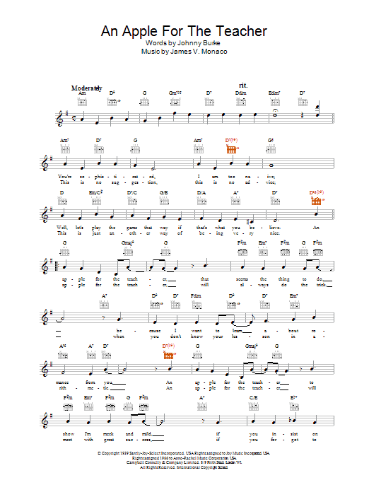 Johnny Burke and James V. Monaco An Apple For The Teacher sheet music notes and chords. Download Printable PDF.