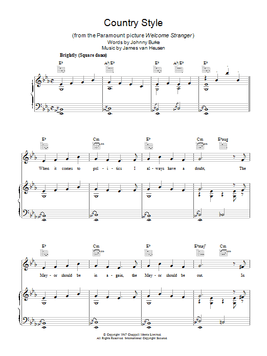 Learn to play Johnny Burke Country Style sheet music for Piano, Vocal & Guitar Chords in minutes. Price: 7.8900$ Johnny Burke Country Style sheet music notes and chords arranged for Piano, Vocal & Guitar Chords