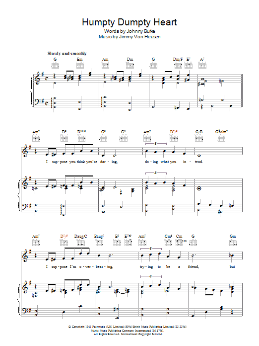 Learn to play Johnny Burke Humpty Dumpty Heart sheet music for Piano, Vocal & Guitar Chords in minutes. Price: 7.8900$ Johnny Burke Humpty Dumpty Heart sheet music notes and chords arranged for Piano, Vocal & Guitar Chords