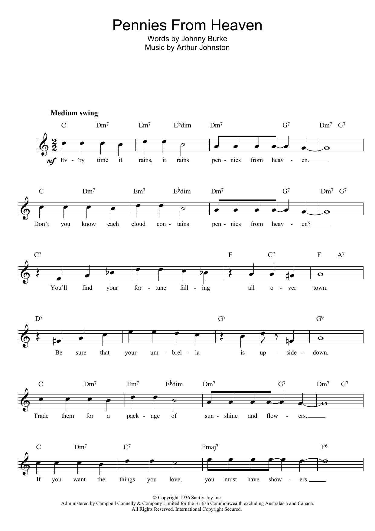 Johnny Burke and Arthur Johnston Pennies From Heaven sheet music notes and chords. Download Printable PDF.