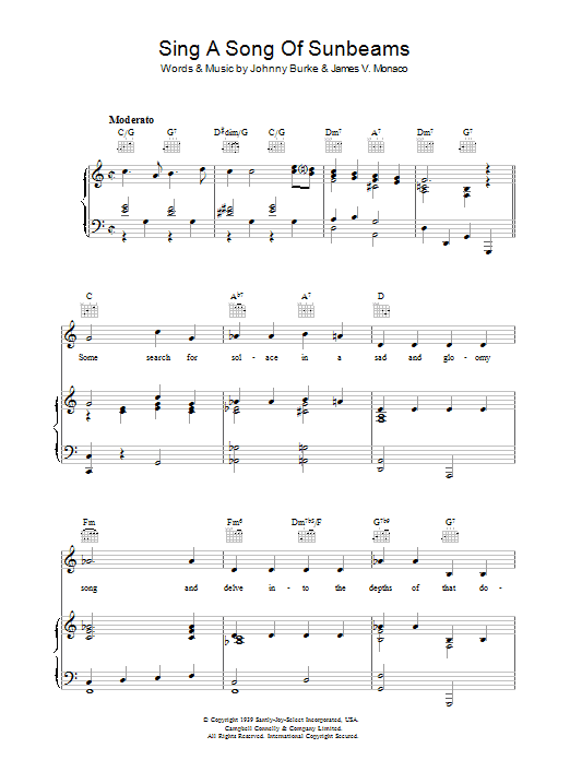 Johnny Burke Sing A Song Of Sunbeams sheet music notes and chords arranged for Piano, Vocal & Guitar Chords