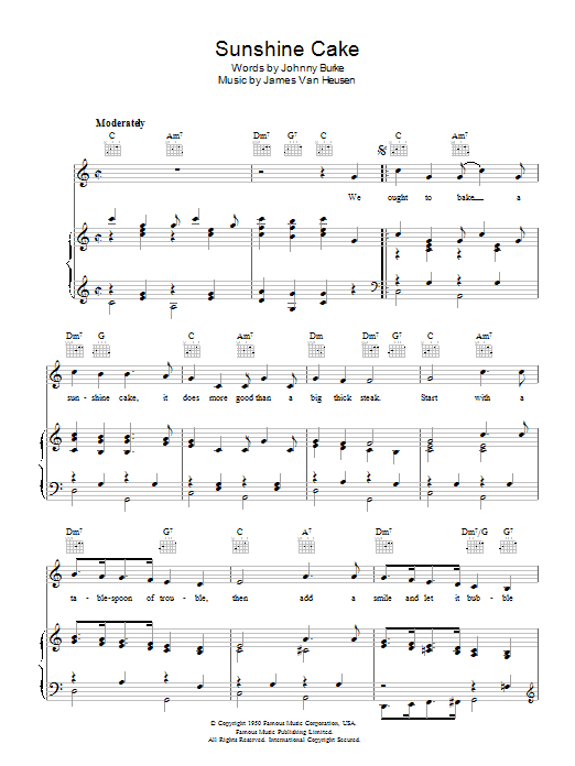 Learn to play Johnny Burke Sunshine Cake sheet music for Piano, Vocal & Guitar Chords in minutes. Price: 7.8900$ Johnny Burke Sunshine Cake sheet music notes and chords arranged for Piano, Vocal & Guitar Chords