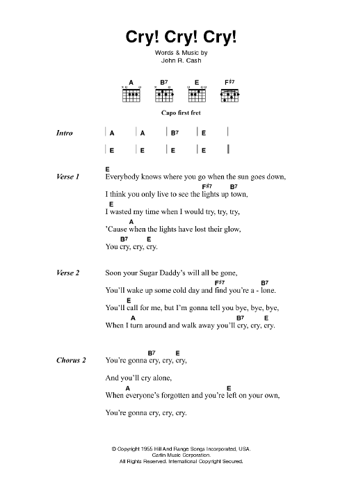 Johnny Cash Cry! Cry! Cry! sheet music notes and chords. Download Printable PDF.