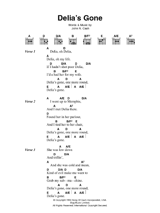 Johnny Cash Delia's Gone sheet music notes and chords. Download Printable PDF.