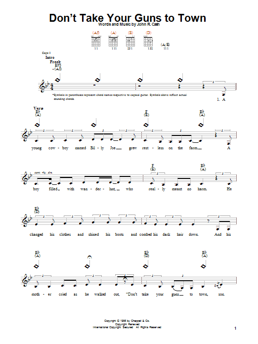 Johnny Cash Don't Take Your Guns To Town sheet music notes and chords. Download Printable PDF.