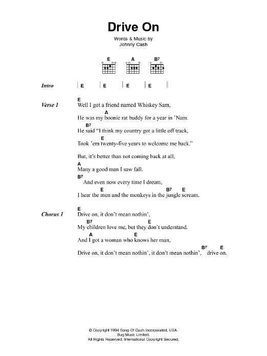 Johnny Cash Drive On sheet music notes and chords. Download Printable PDF.