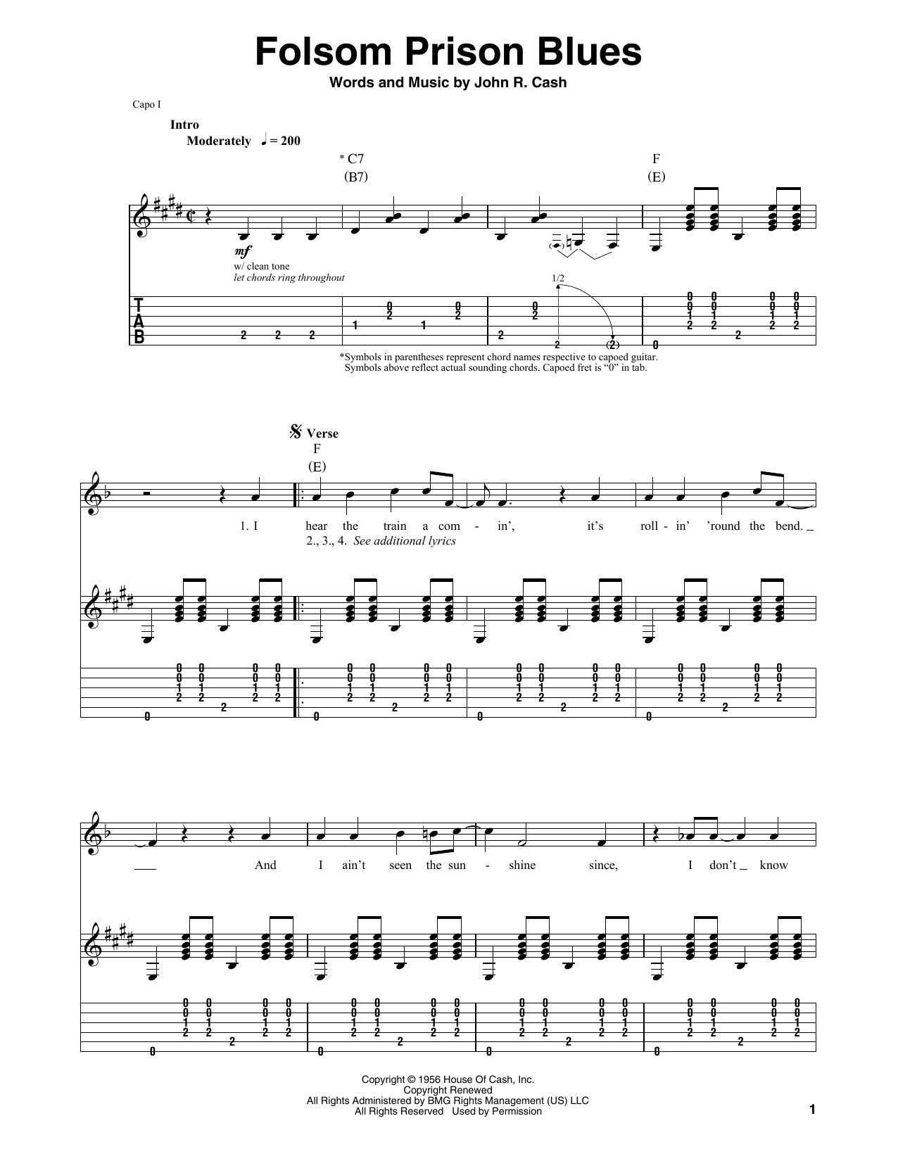 Johnny Cash Folsom Prison Blues sheet music notes and chords. Download Printable PDF.