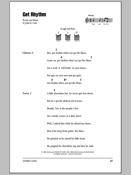 Johnny Cash Get Rhythm sheet music notes and chords. Download Printable PDF.