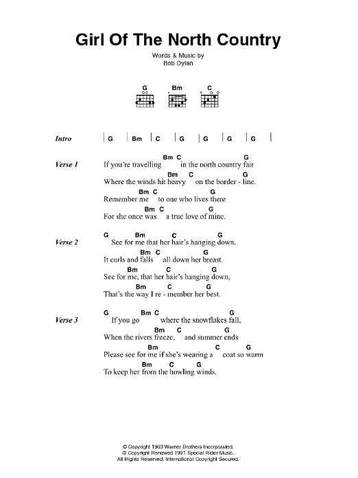 Bob Dylan Girl Of The North Country sheet music notes and chords. Download Printable PDF.