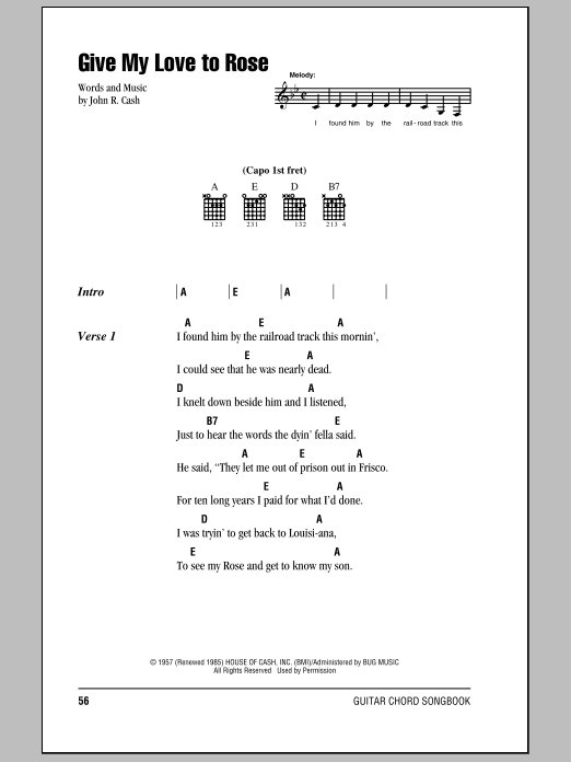 Johnny Cash Give My Love To Rose sheet music notes and chords. Download Printable PDF.