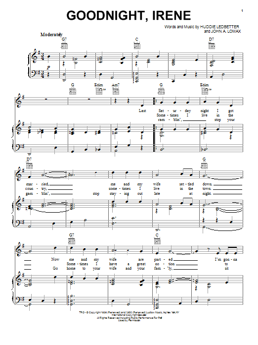 Johnny Cash Goodnight, Irene sheet music notes and chords. Download Printable PDF.