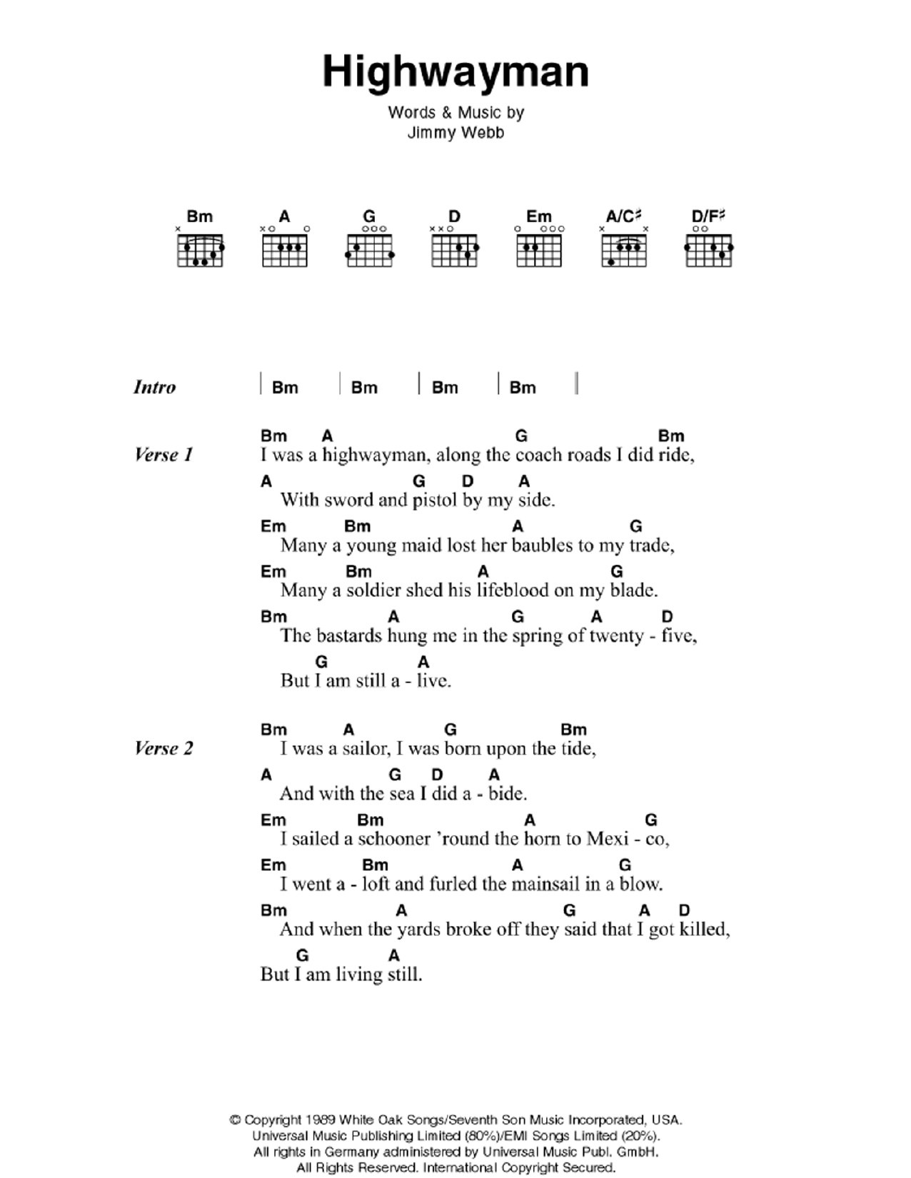 Johnny Cash Highwayman sheet music notes and chords. Download Printable PDF.