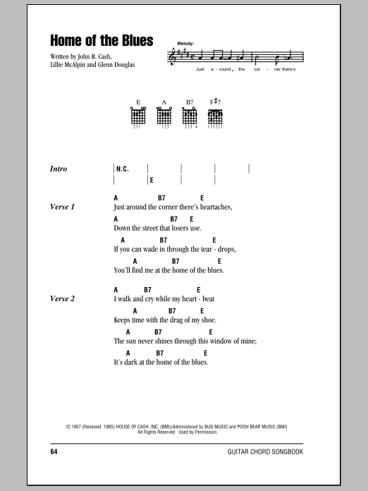 Johnny Cash Home Of The Blues sheet music notes and chords. Download Printable PDF.