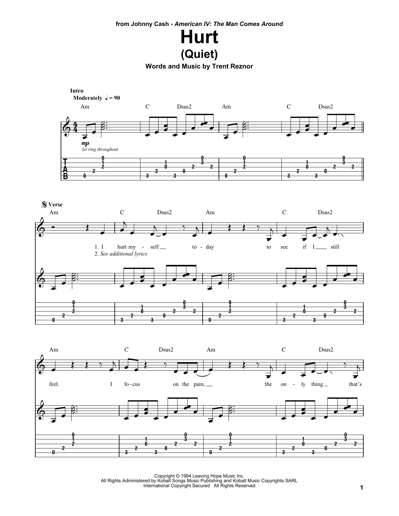 Johnny Cash Hurt (Quiet) sheet music notes and chords. Download Printable PDF.