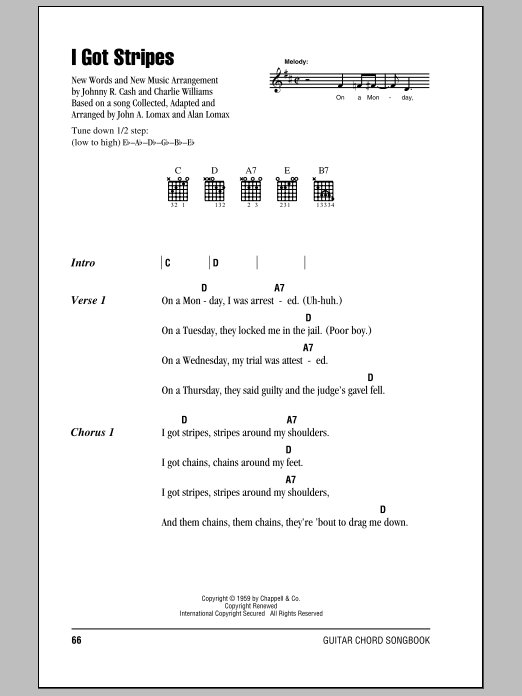 Johnny Cash I Got Stripes sheet music notes and chords. Download Printable PDF.