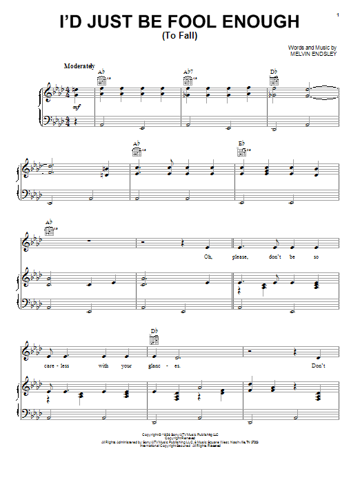 Learn to play Johnny Cash I'd Just Be Fool Enough (To Fall) sheet music for Piano, Vocal & Guitar Chords (Right-Hand Melody) in minutes. Price: 7.8900$ Johnny Cash I'd Just Be Fool Enough (To Fall) sheet music notes and chords arranged for Piano, Vocal & Guitar Chords (Right-Hand Melody)