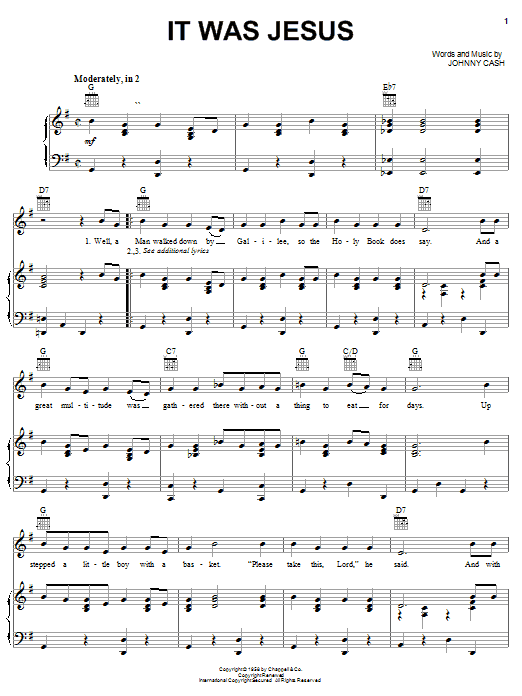 Learn to play Johnny Cash It Was Jesus sheet music for Piano, Vocal & Guitar Chords (Right-Hand Melody) in minutes. Price: 7.8900$ Johnny Cash It Was Jesus sheet music notes and chords arranged for Piano, Vocal & Guitar Chords (Right-Hand Melody)