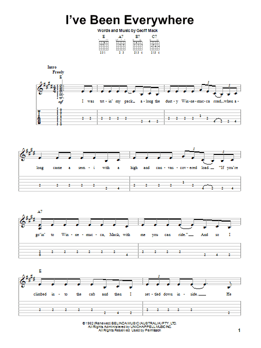 Johnny Cash I've Been Everywhere sheet music notes and chords. Download Printable PDF.