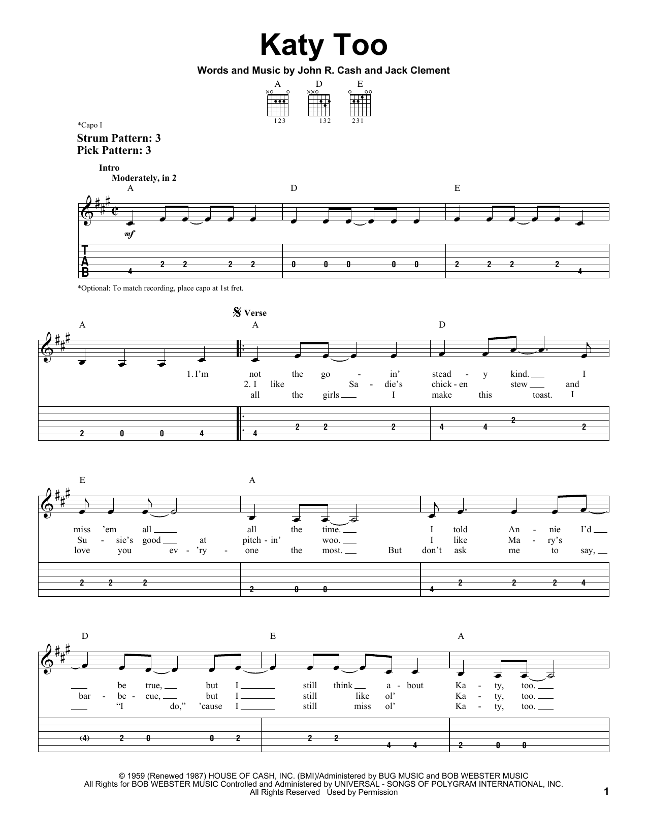 Johnny Cash Katy Too sheet music notes and chords. Download Printable PDF.