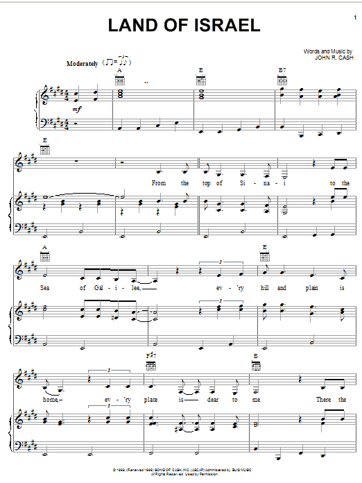 Learn to play Johnny Cash Land Of Israel sheet music for Piano, Vocal & Guitar Chords (Right-Hand Melody) in minutes. Price: 7.8900$ Johnny Cash Land Of Israel sheet music notes and chords arranged for Piano, Vocal & Guitar Chords (Right-Hand Melody)