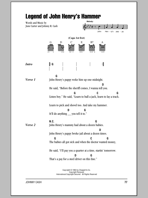 Johnny Cash Legend Of John Henry's Hammer sheet music notes and chords. Download Printable PDF.