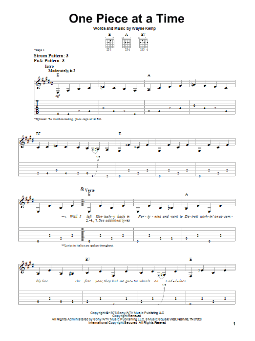 Johnny Cash One Piece At A Time sheet music notes and chords. Download Printable PDF.