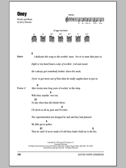 Johnny Cash Oney sheet music notes and chords. Download Printable PDF.