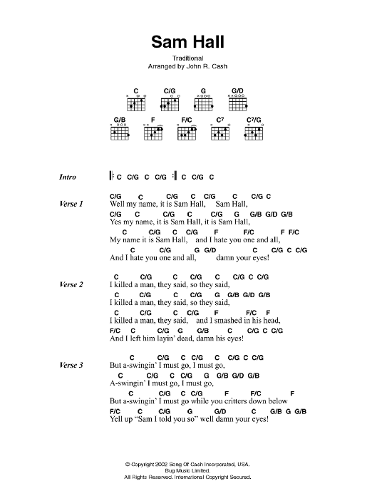 Johnny Cash Sam Hall sheet music notes and chords. Download Printable PDF.