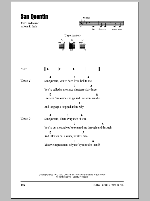 Johnny Cash San Quentin sheet music notes and chords. Download Printable PDF.