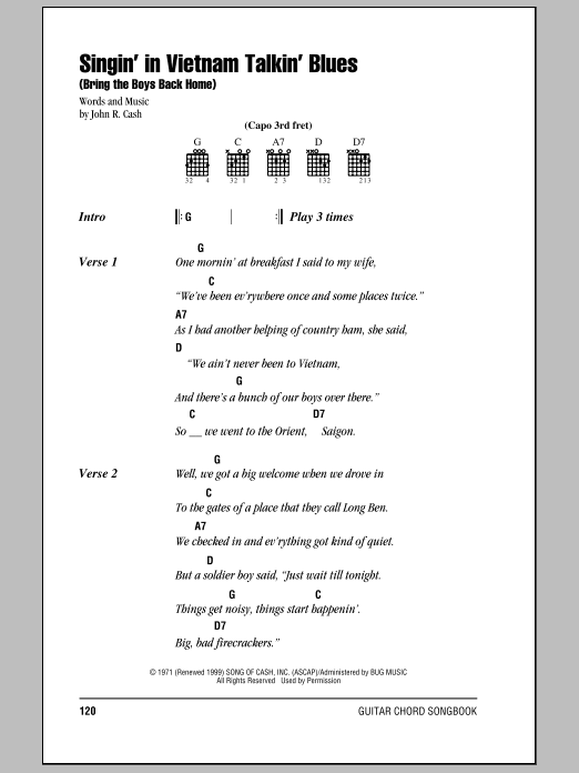 Johnny Cash Singin' In Vietnam Talkin' Blues (Bring The Boys Back Home) sheet music notes and chords. Download Printable PDF.