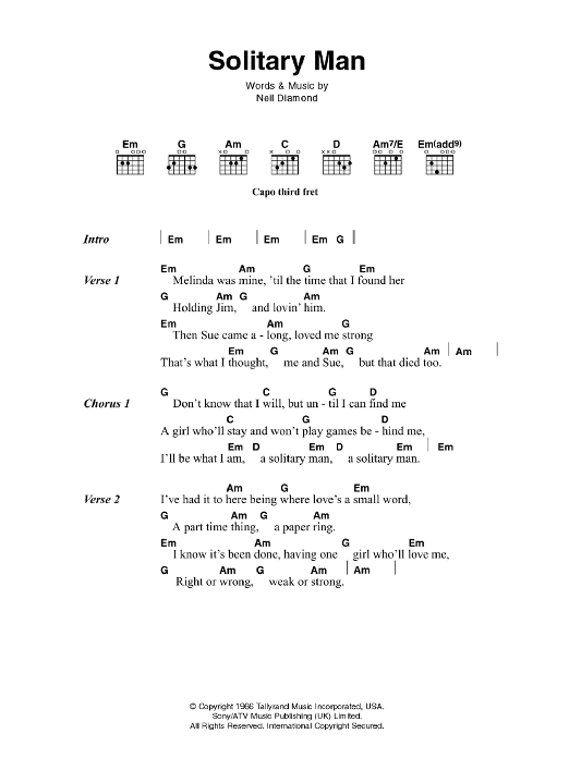 Johnny Cash Solitary Man sheet music notes and chords. Download Printable PDF.