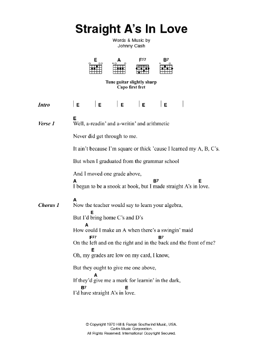 Johnny Cash Straight A's In Love sheet music notes and chords. Download Printable PDF.