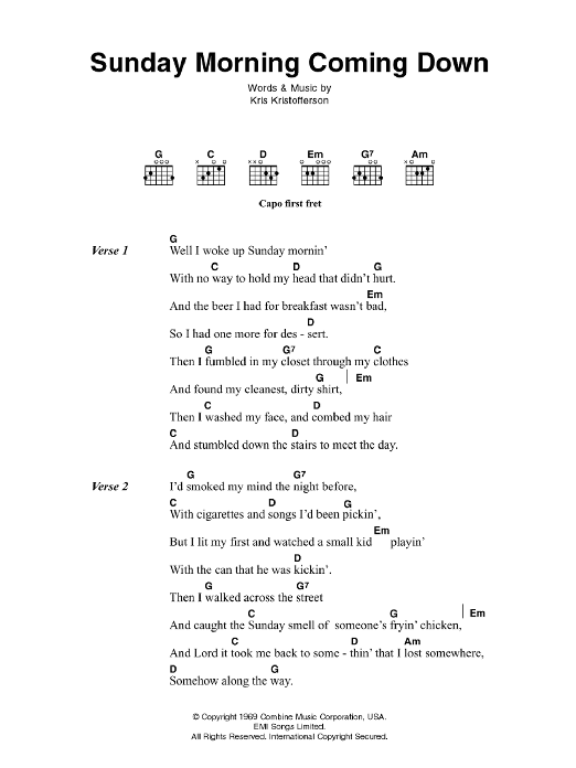 Johnny Cash Sunday Morning Coming Down sheet music notes and chords. Download Printable PDF.