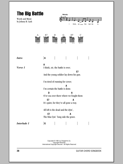 Johnny Cash The Big Battle sheet music notes and chords. Download Printable PDF.