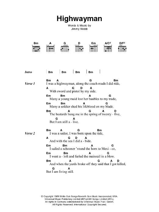 Johnny Cash Highwayman sheet music notes and chords. Download Printable PDF.