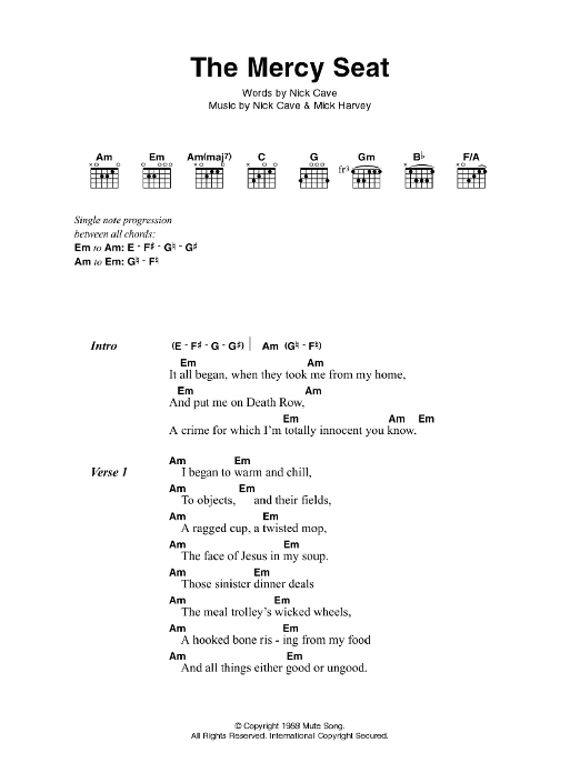 Johnny Cash The Mercy Seat sheet music notes and chords. Download Printable PDF.