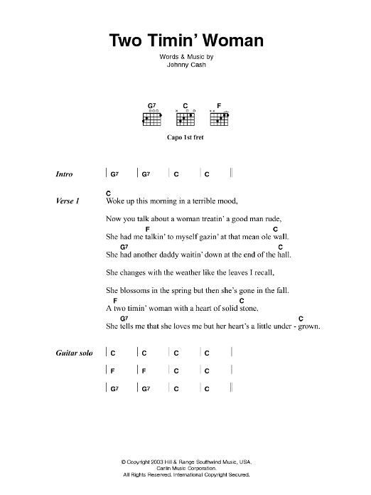 Johnny Cash Two Timin' Woman sheet music notes and chords. Download Printable PDF.