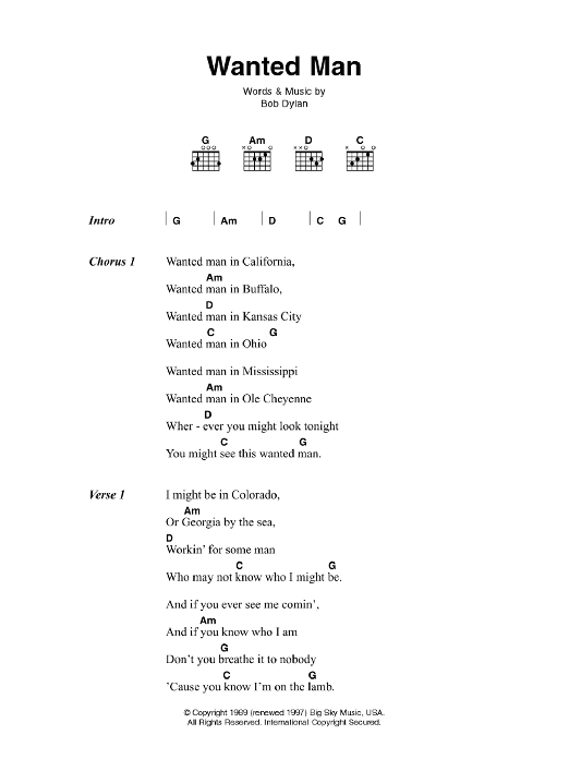 Johnny Cash Wanted Man sheet music notes and chords arranged for Guitar Chords/Lyrics