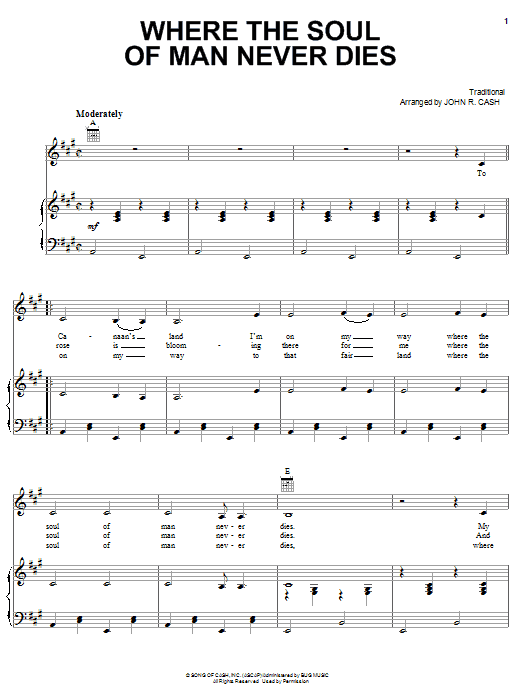 Learn to play Johnny Cash Where The Soul Of Man Never Dies sheet music for Piano, Vocal & Guitar Chords (Right-Hand Melody) in minutes. Price: 7.8900$ Johnny Cash Where The Soul Of Man Never Dies sheet music notes and chords arranged for Piano, Vocal & Guitar Chords (Right-Hand Melody)