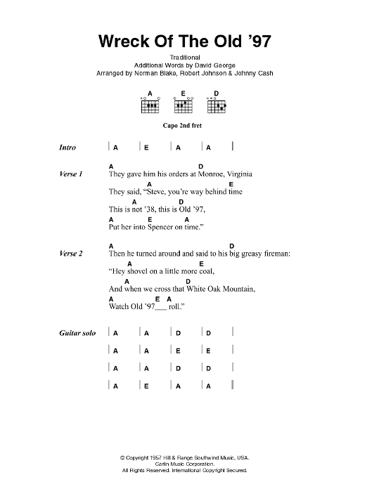 Johnny Cash Wreck Of The Old 97 sheet music notes and chords. Download Printable PDF.