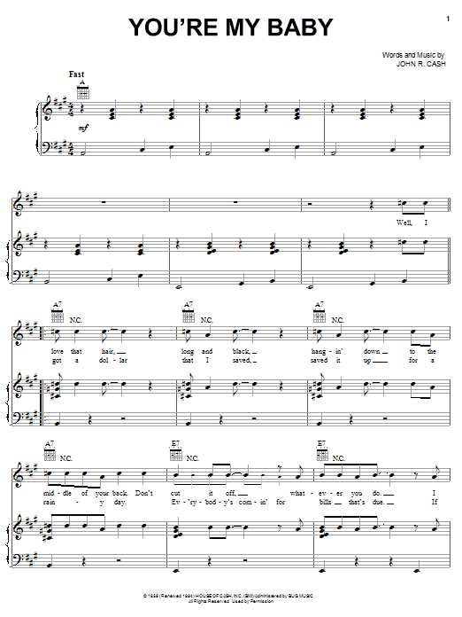 Learn to play Johnny Cash You're My Baby sheet music for Piano, Vocal & Guitar Chords (Right-Hand Melody) in minutes. Price: 7.8900$ Johnny Cash You're My Baby sheet music notes and chords arranged for Piano, Vocal & Guitar Chords (Right-Hand Melody)
