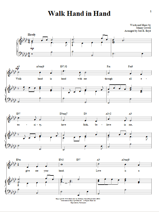 Learn to play Johnny Cowell Walk Hand In Hand sheet music for Piano & Vocal in minutes. Price: 7.8900$ Johnny Cowell Walk Hand In Hand sheet music notes and chords arranged for Piano & Vocal