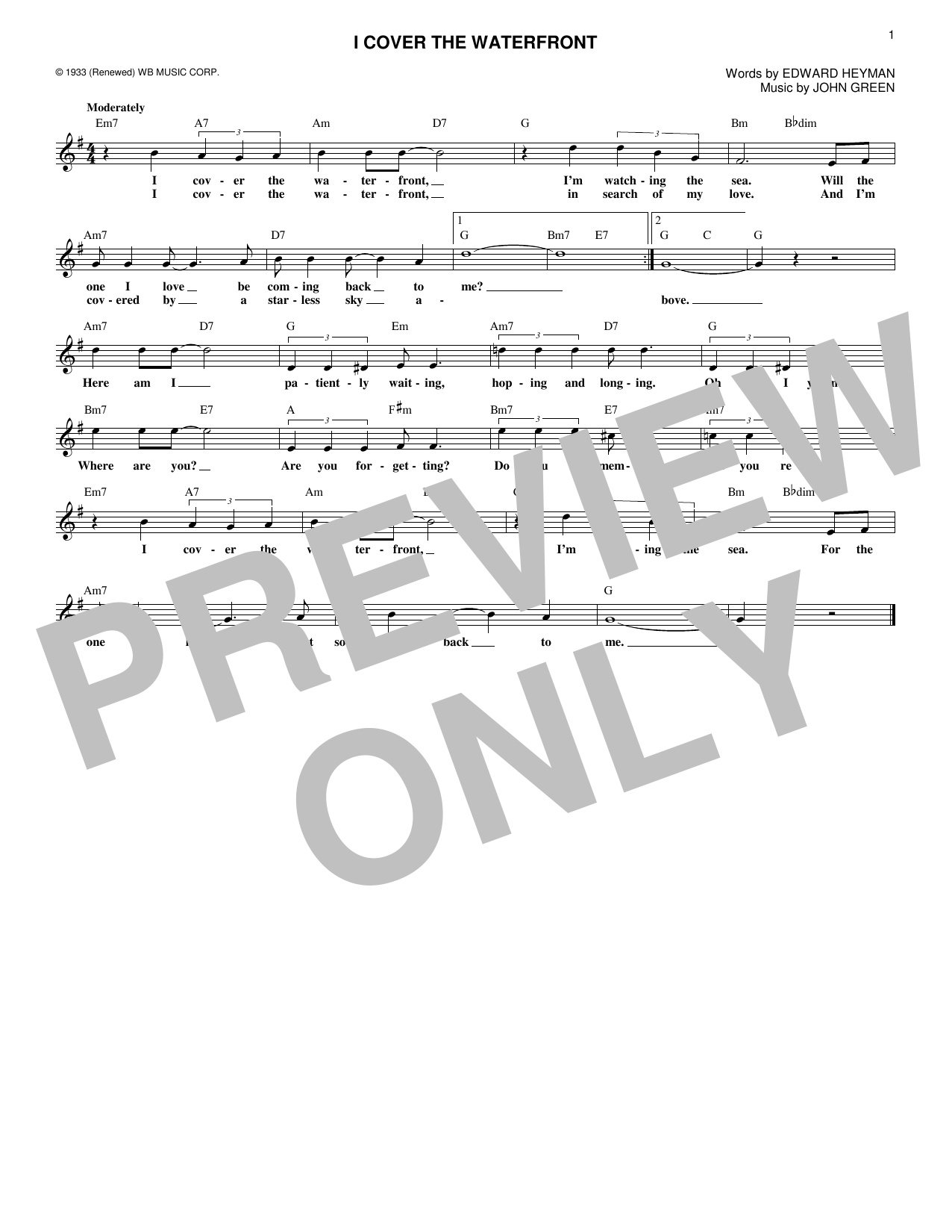 Johnny Green I Cover The Waterfront sheet music notes and chords. Download Printable PDF.