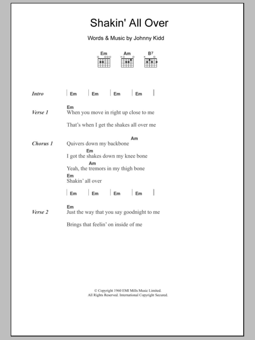 Johnny Kidd Shakin' All Over sheet music notes and chords. Download Printable PDF.