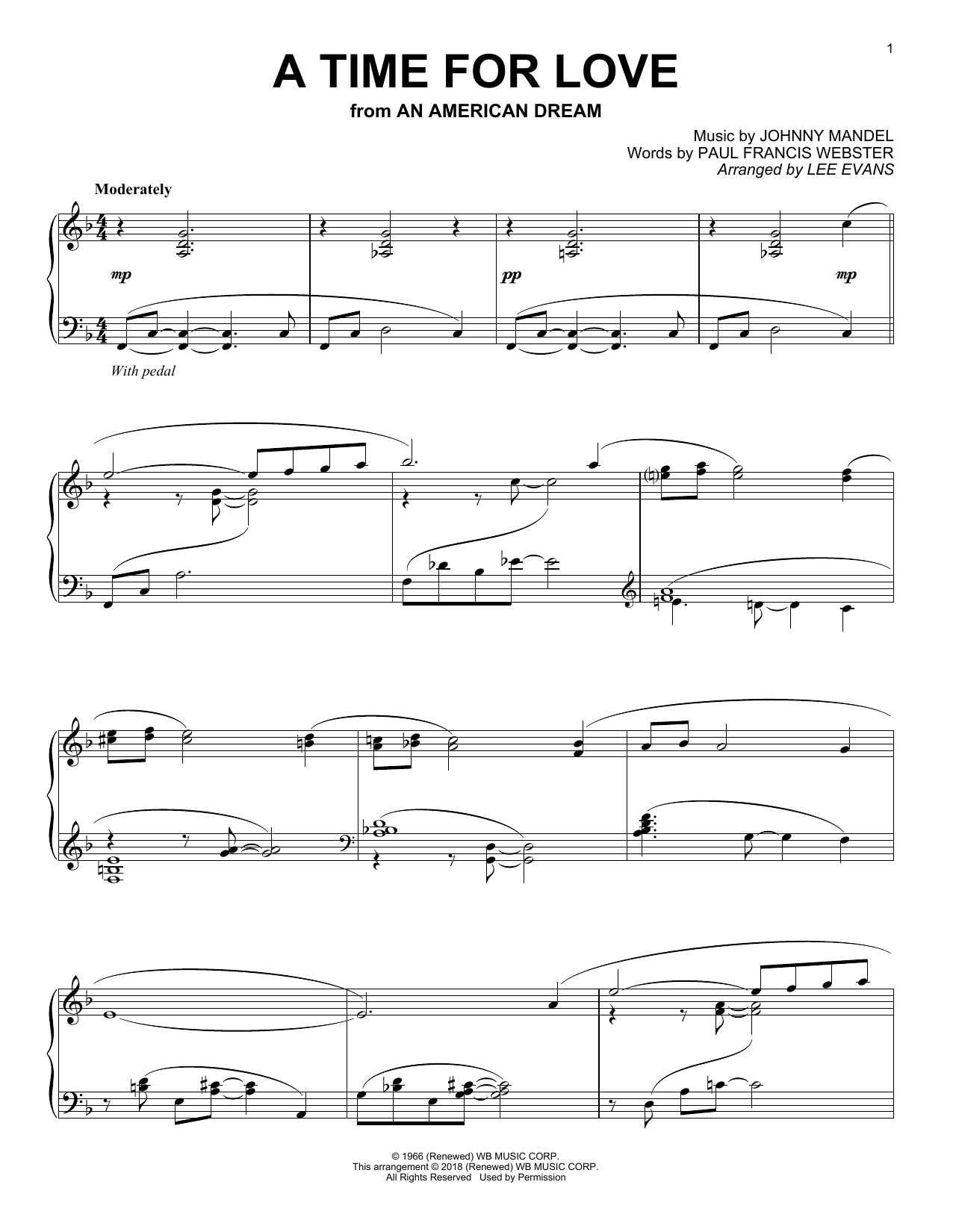 Learn to play Johnny Mandel A Time For Love (from An American Dream) (arr. Lee Evans) sheet music for Piano Solo in minutes. Price: 7.8900$ Johnny Mandel A Time For Love (from An American Dream) (arr. Lee Evans) sheet music notes and chords arranged for Piano Solo