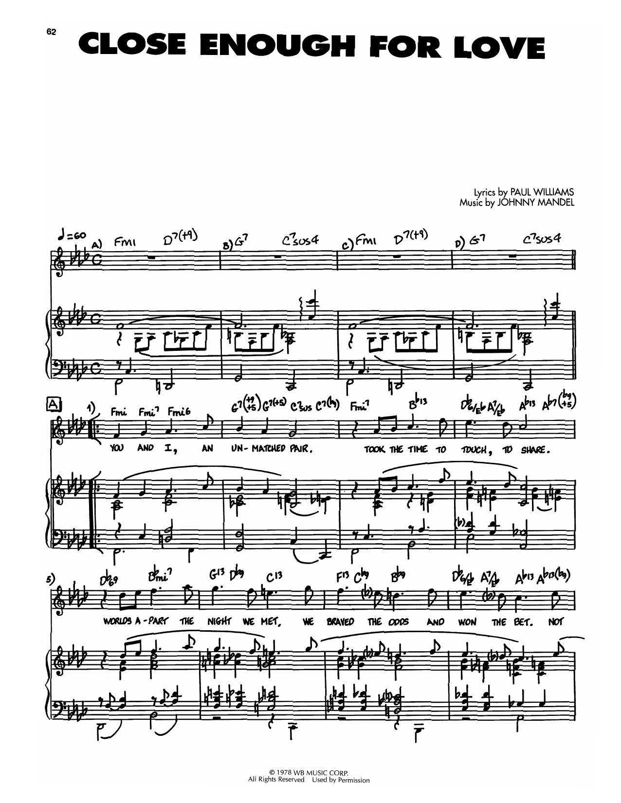 Johnny Mandel Close Enough For Love sheet music notes and chords. Download Printable PDF.