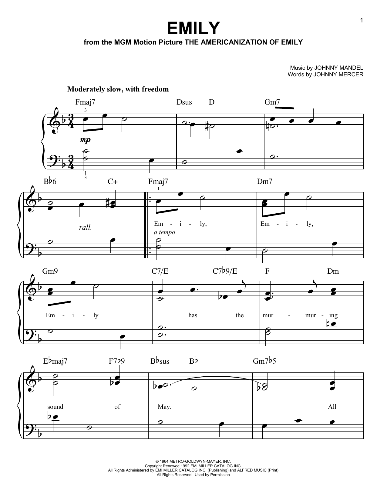 Johnny Mandel Emily sheet music notes and chords. Download Printable PDF.