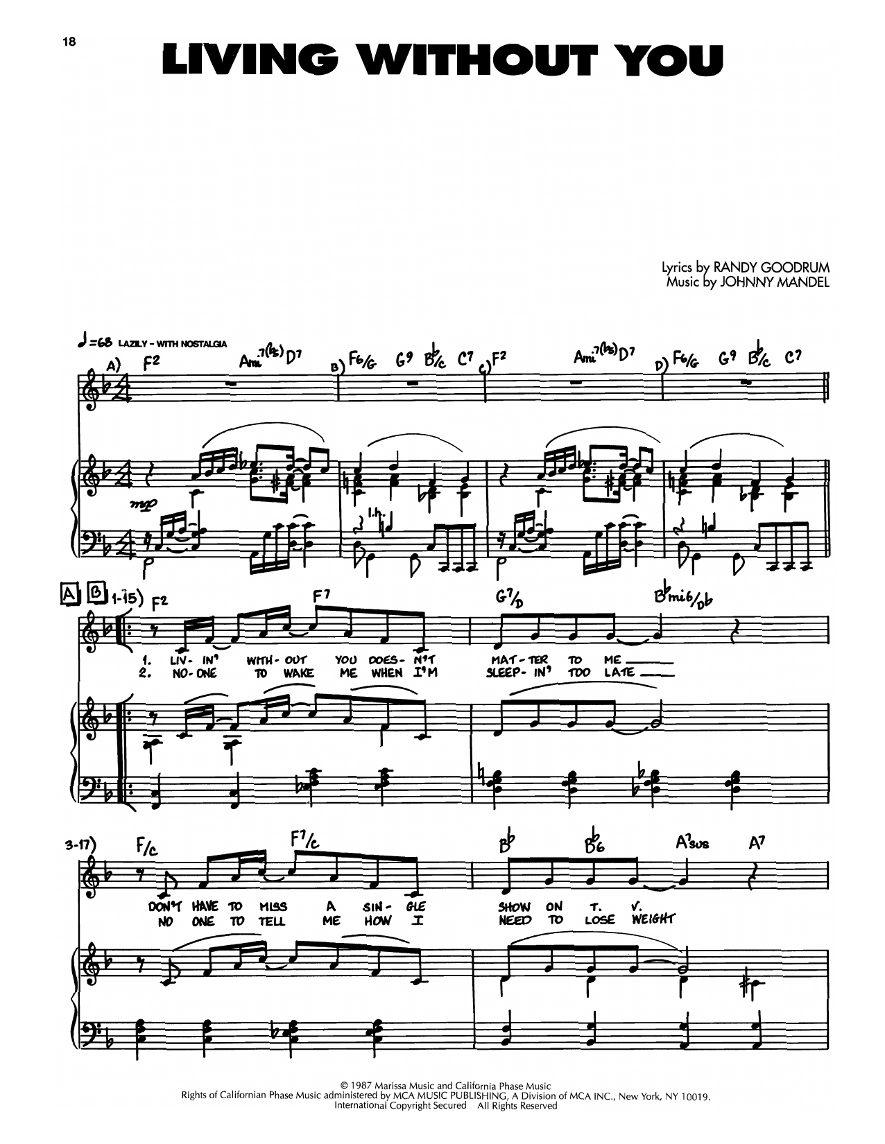 Johnny Mandel Living Without You sheet music notes and chords. Download Printable PDF.