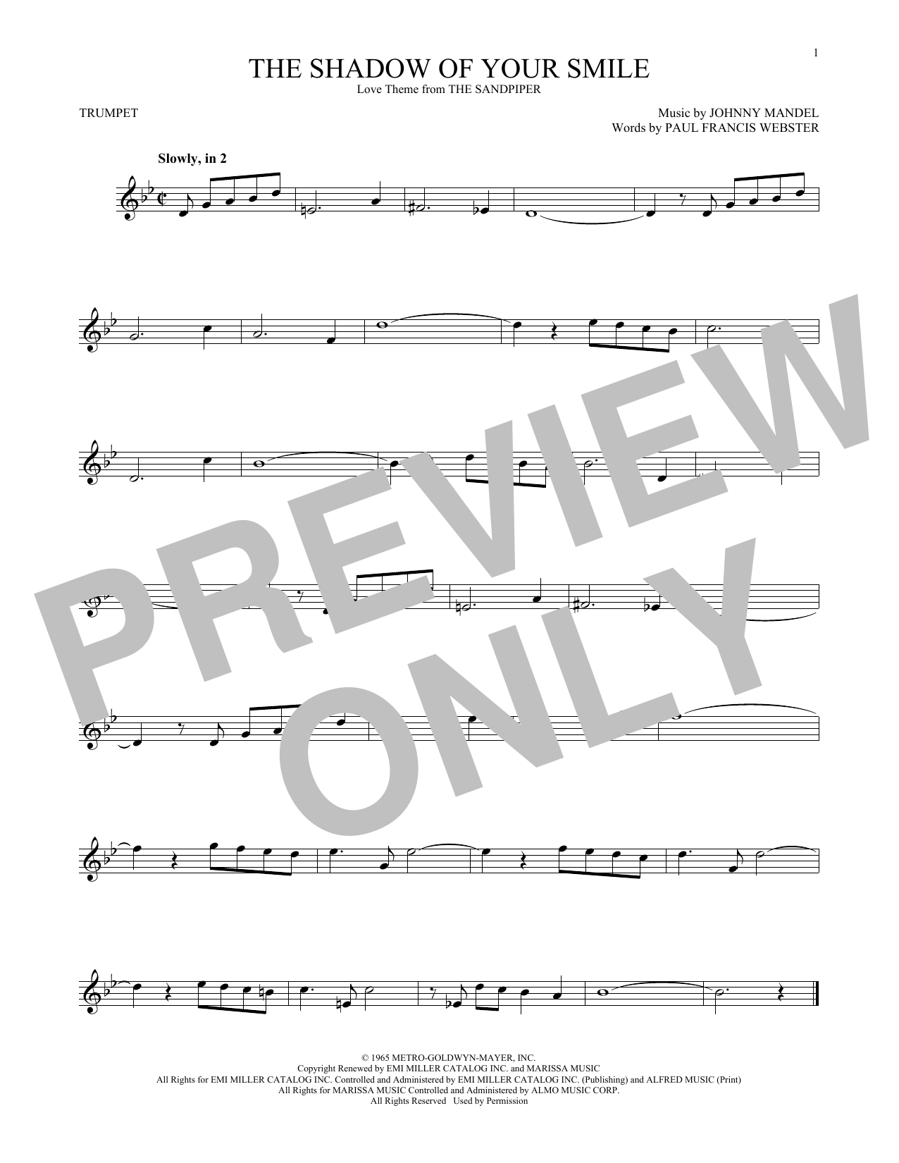 Johnny Mandel The Shadow Of Your Smile sheet music notes and chords. Download Printable PDF.