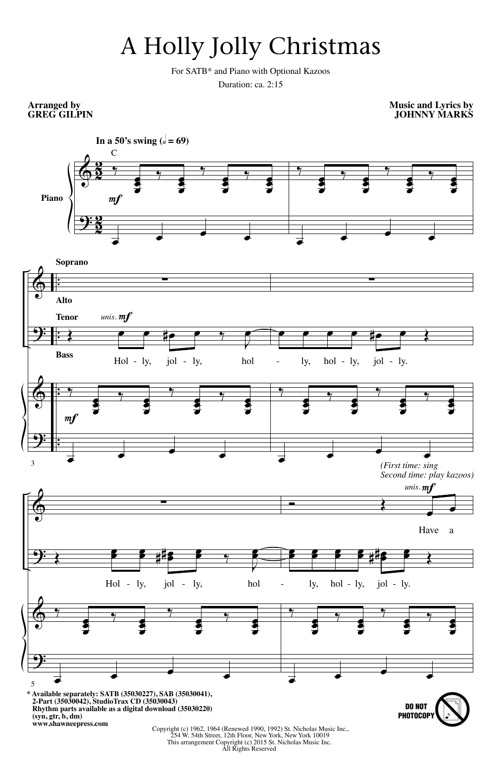 Johnny Marks A Holly Jolly Christmas (arr. Greg Gilpin) sheet music notes and chords. Download Printable PDF.